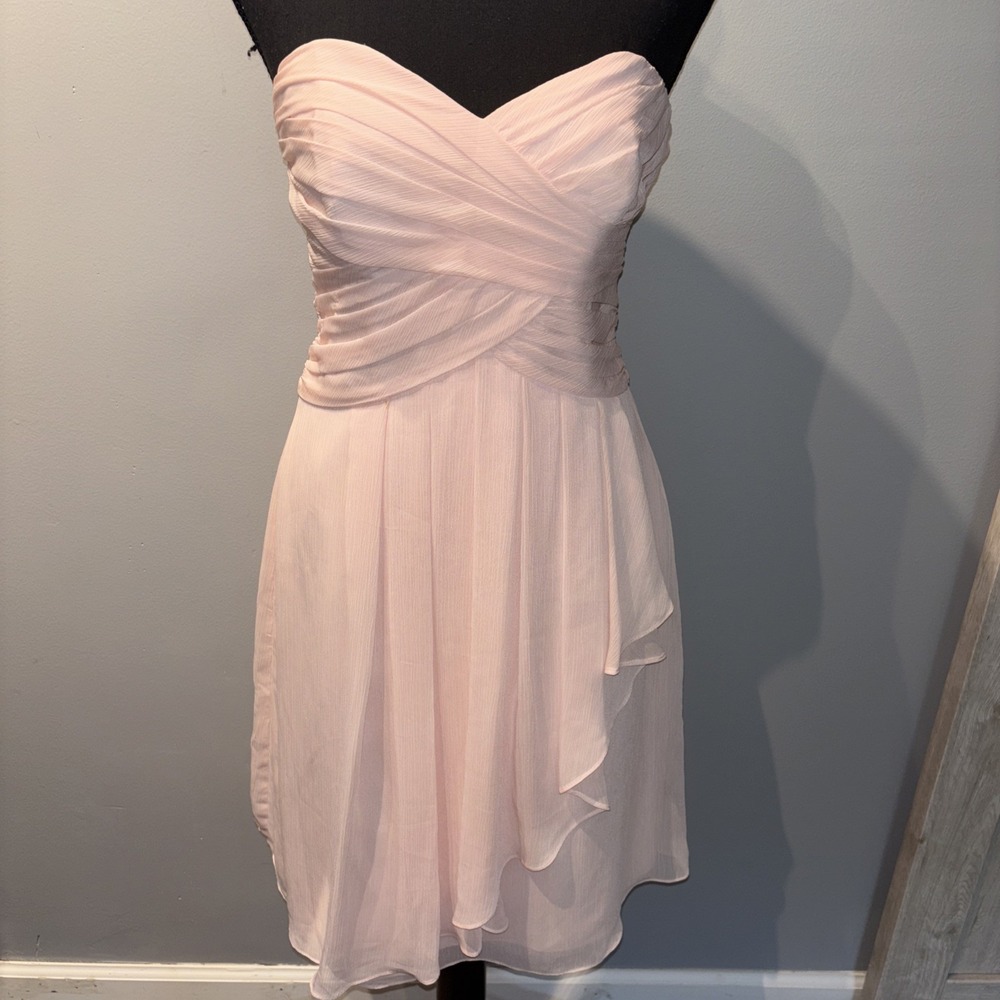 David's Bridal Pink Strapless Crinkle Chiffon Dress Midi Formal Bridesmaids Sz2